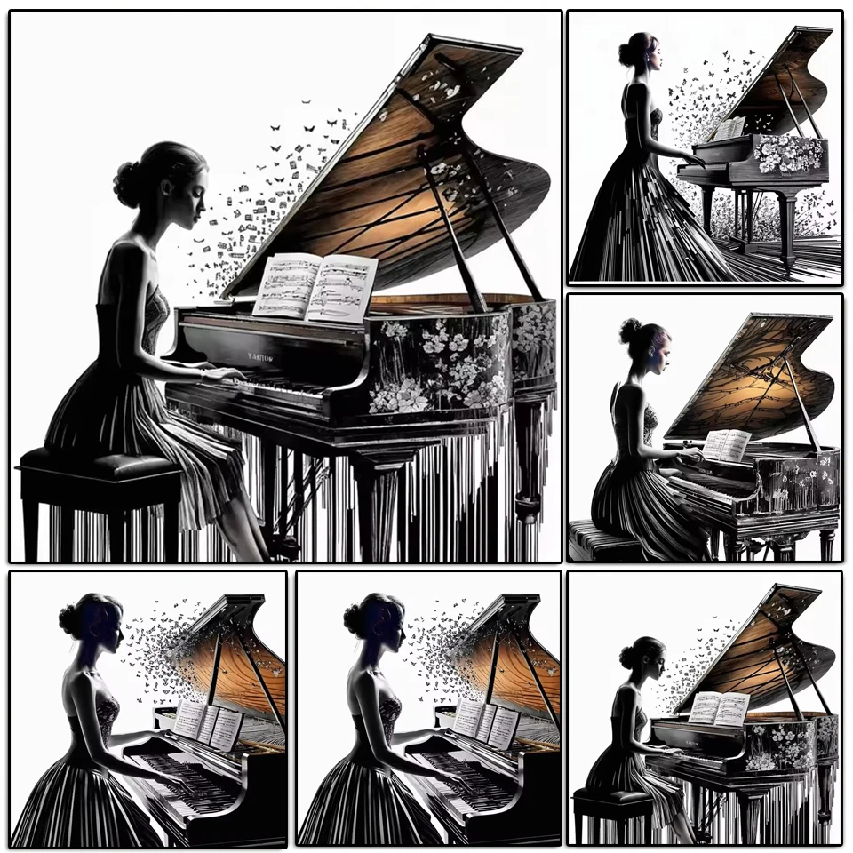 Black White Piano Girl DIY Full Diamond Painting Cross Stitch Kits New 2024 Mosaic Diamond Embroidery Sale For Home Decor Gift