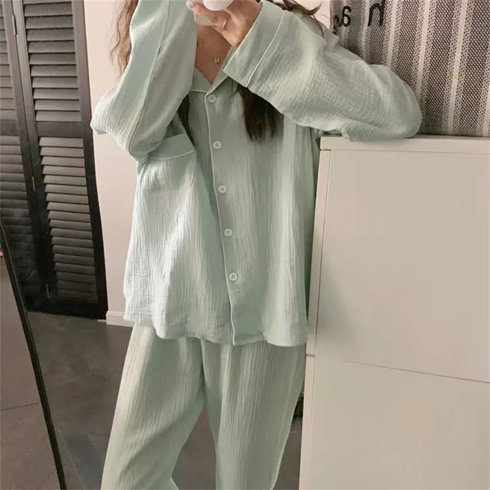 Women\'s Pajamas Sleepwear Set Solid Color Buttons Cardigan Long Sleeve Homewear Casual Home Suit Pijamas Set for Woman