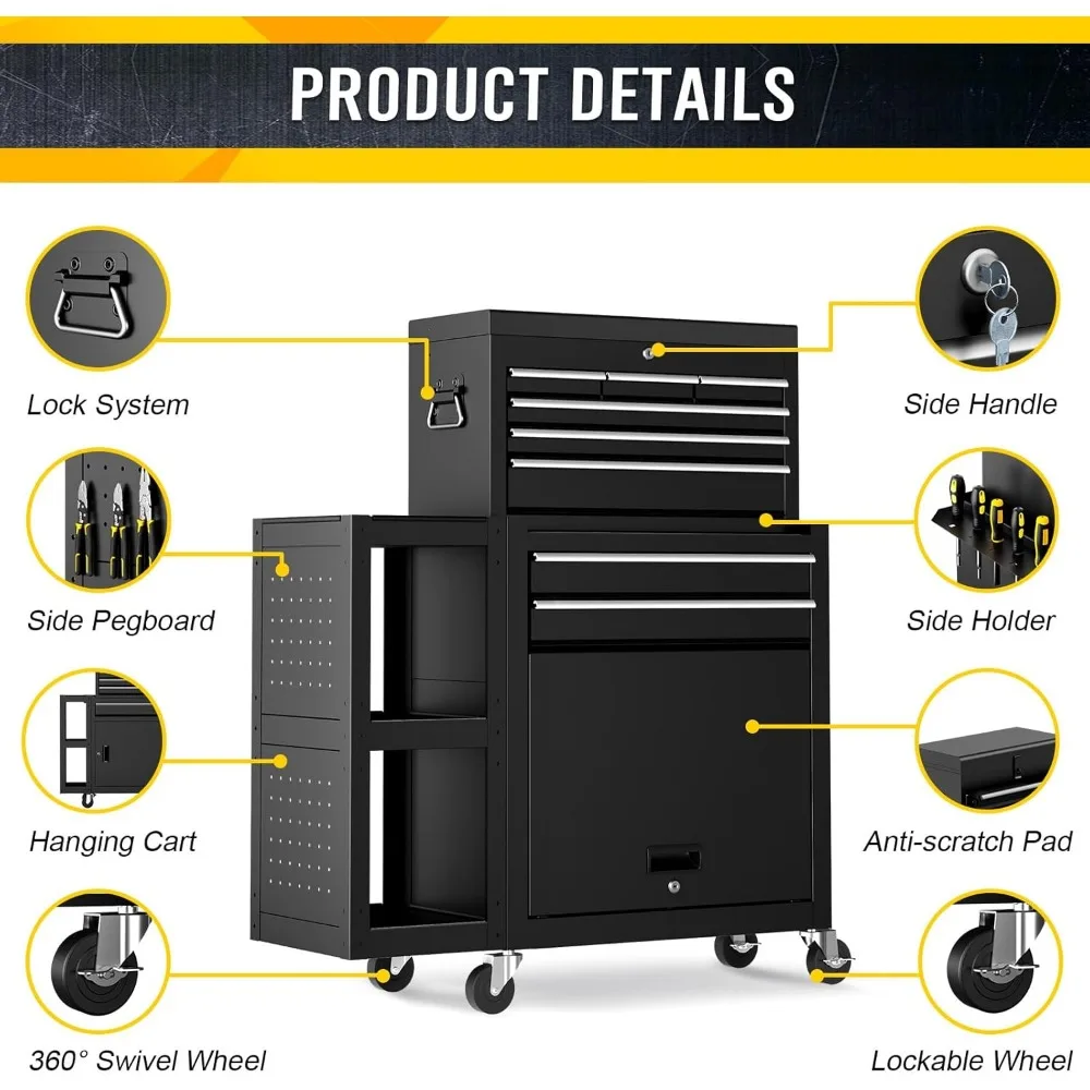8-Drawer Rolling Tool Chest with Wheels, Exclusive 3-in-1 Tool Box Combo with Removable 2-Tire Utility Cart, Large Storage Cabin