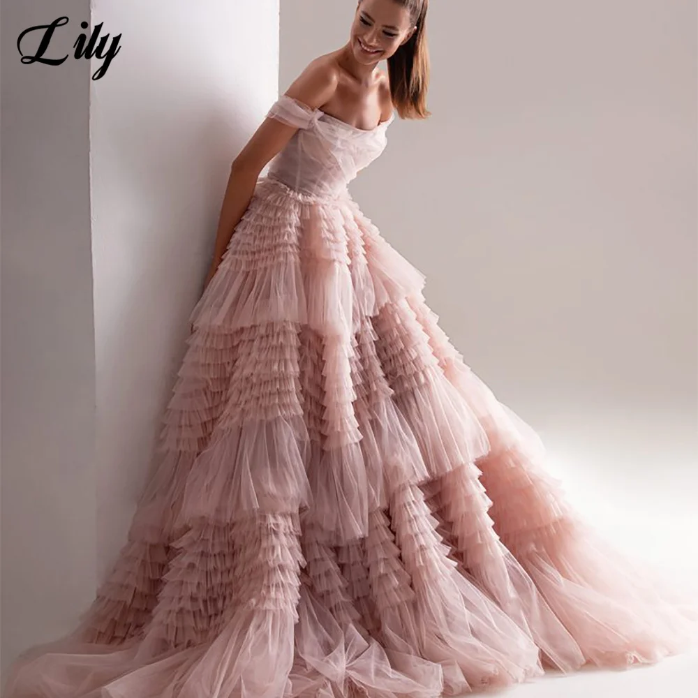 Lily Pink Net Formal Dress Tiered Layer Strapless Party Dress For Wedding Off the Shoulder Special Occasion Dresses robe soirée