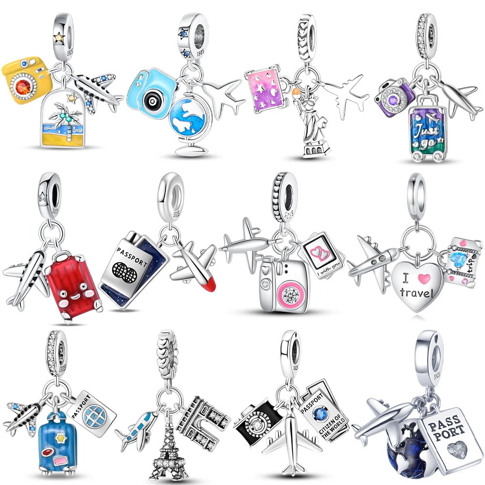 Original Charms 925 Sterling Silber Blau Koffer Flugzeug Erde Perlen Fit Armband Frauen Halskette Schmuck Diy Telefon Charms