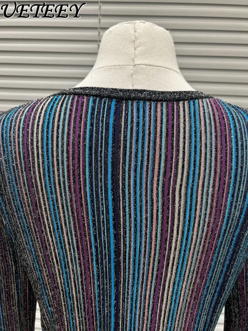 Spring Autumn New Temperament Striped Silver Thread Contrasting Colors Dress Slimming Long Sleeve V-neck Knitted Pleated Dresses