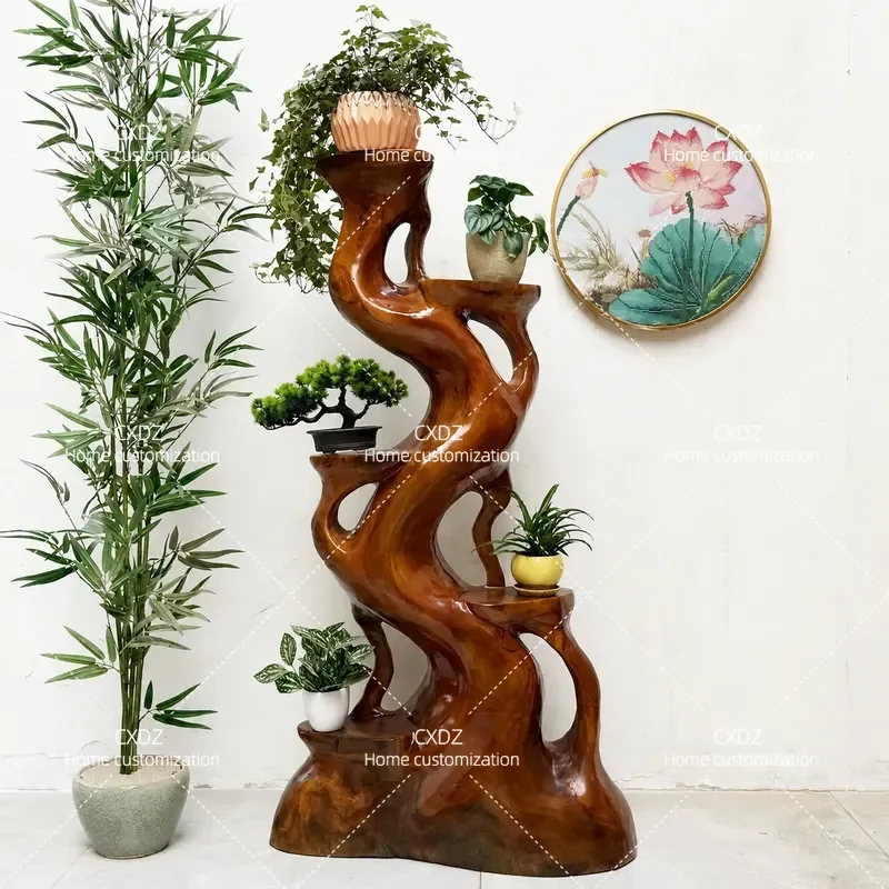 Root Carving Flower Stand Solid Wood Multi Layer Pot Holder Irregular Shape Living Room Decorative Shelf Natural Wood Display