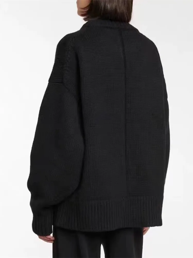 2025 الخريف الشتاء البلوز فضفاضة كبيرة الحجم سترة الكشمير المعنقة المرأة الكورية منتصف طول 100% صوف ميرينو نقي متماسكة الفرنسية البلوز