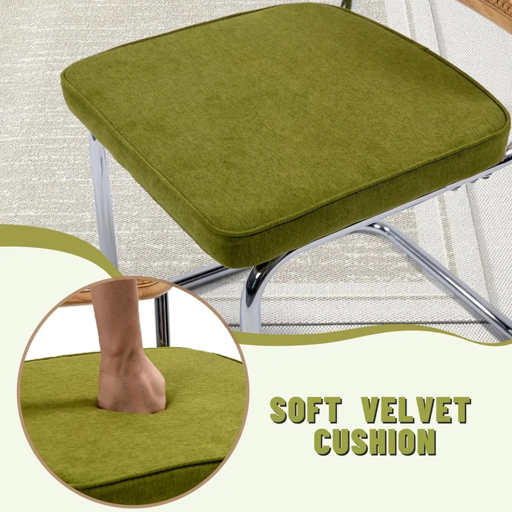 Chaises de Salle à Manger Modernes en Rotin Tissé à la Main, Base Chromée, Siège en Coton, Vert, Lot de 2 Pièces