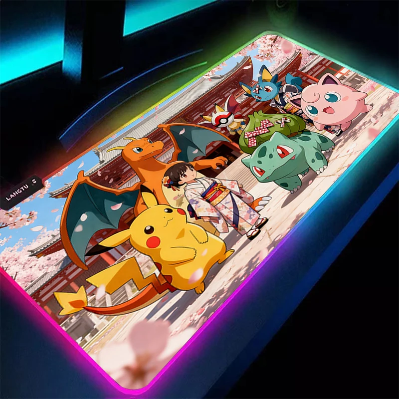 

RGB Large Gaming Mouse Pad P-Pokemons Anime PC Computer Gamer Desk Mat Backlight Edge White Office Laptop LED Mousepad Backlight