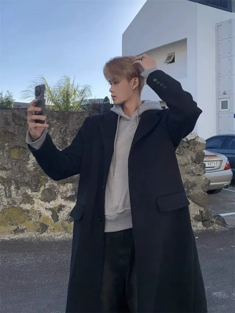 

Wool Blend Coat Men'S Clothing Mans Satin Beige Insulation Wide Japanese Vintage Tunic Brocade Slimming Belted Flounce Hemming