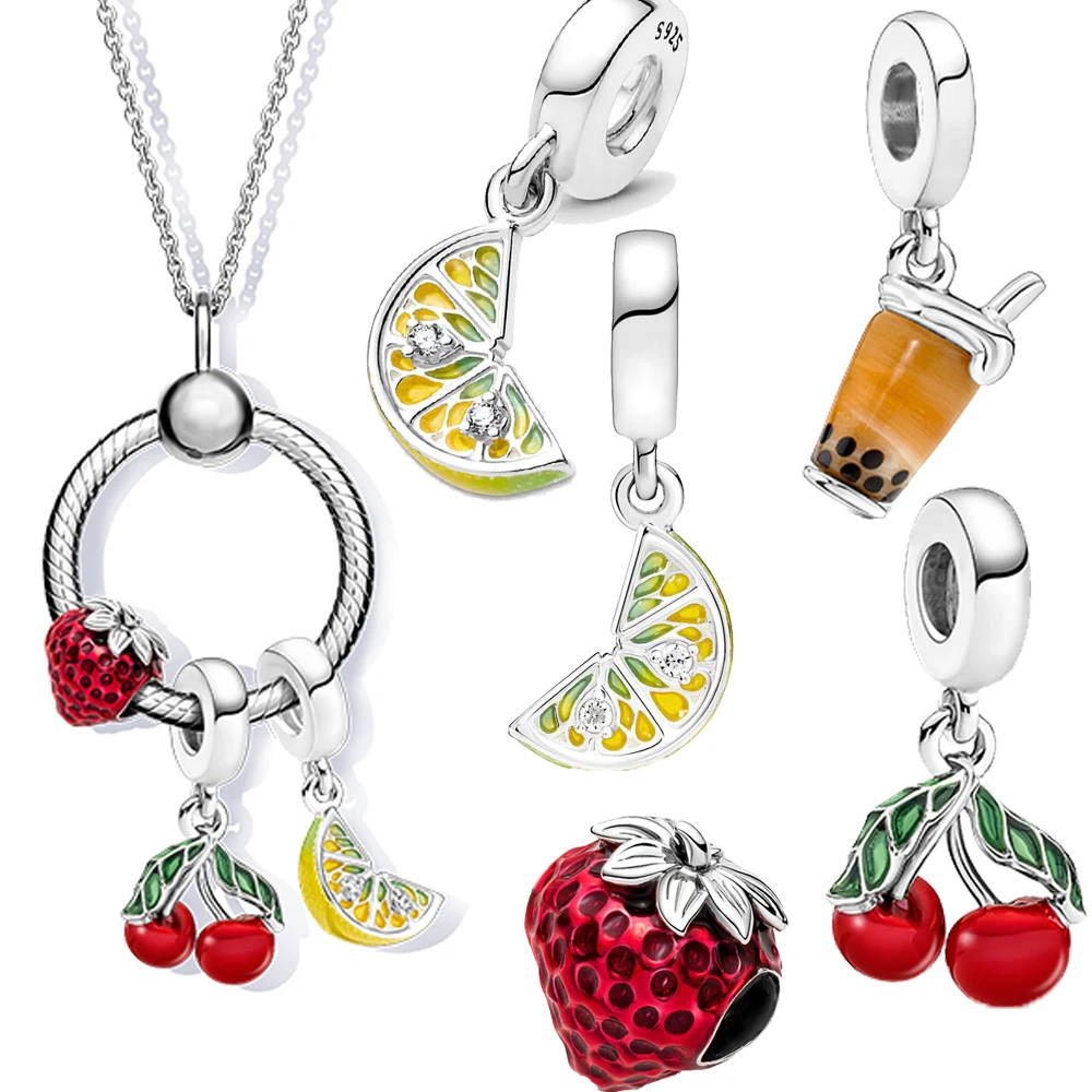 Summer New Collection plata charms of ley 925 Lovely Fruit & Food Strawberry Cherry Lemon Dangle Charm Fit Bracelet Necklaces