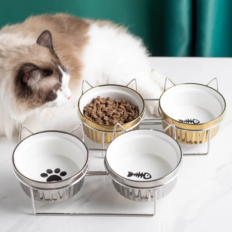 

Gold Plated Ceramic Double Pet Bowl Cervical Protection Stainless Steel Stand Feeder