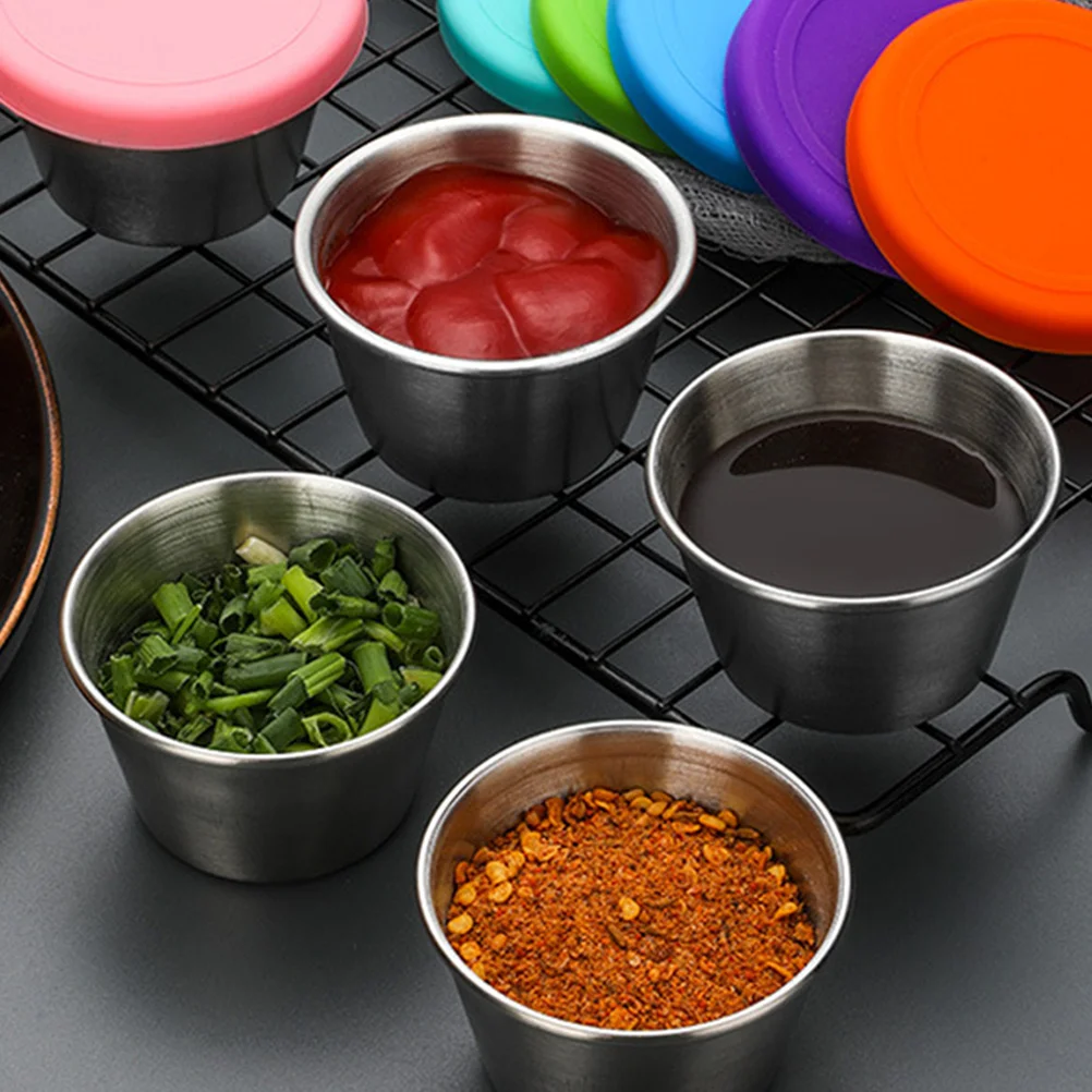 

4 Pcs Stainless Steel Crisper Dipping Bowls with Cover Condiment Cup Container Sauce Dishes
