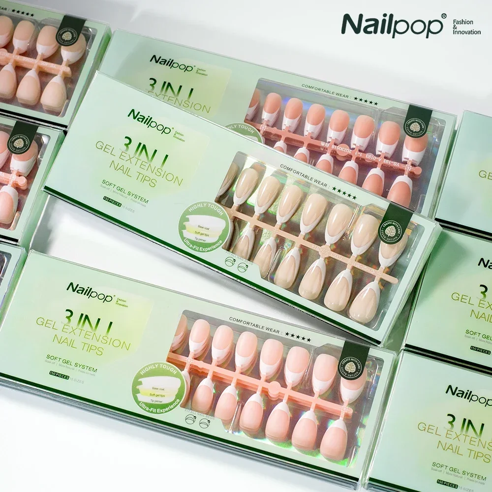 Nailpop 3 in 1 French Gel Nail Tips 150PCS French Press on Nails Short Coffin Tips No Need to File Fake Nails for Nail Art DIY