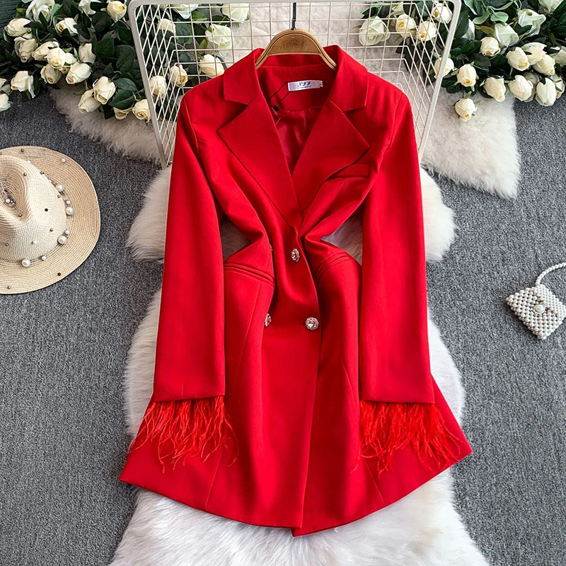 

Fashionable ostrich fur long sleeved suit collar jacket women's spring new commuting slimming temperament mid length coat