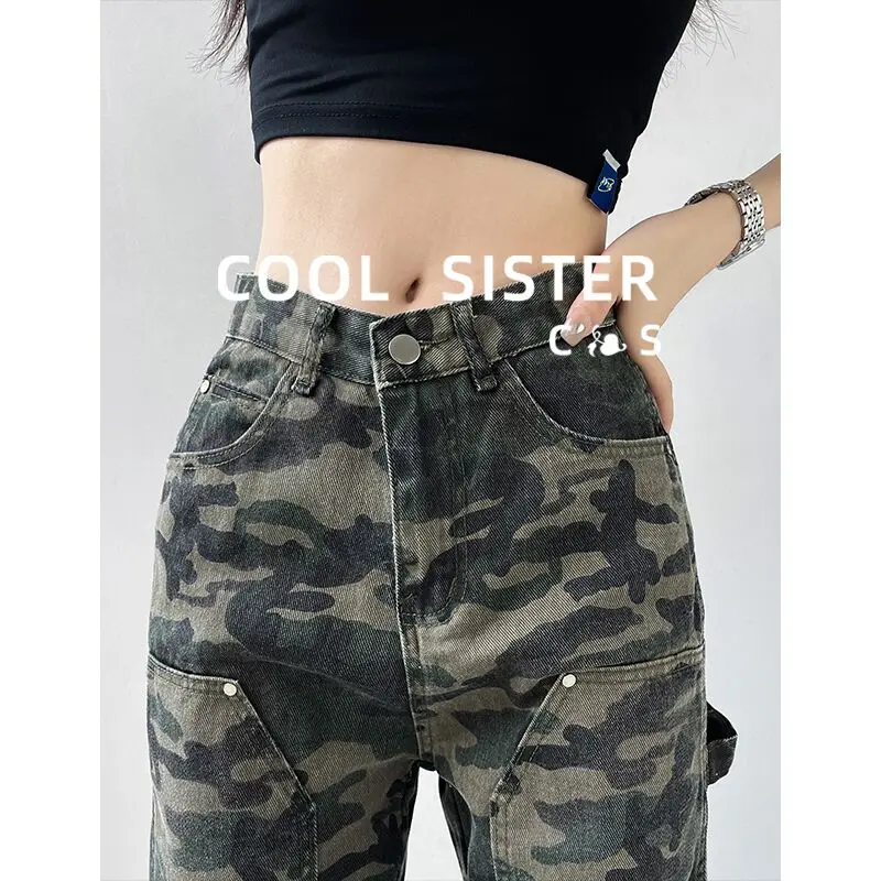 Chic Denim Jeans Pants for Womens Camo Hot Loose Cowboy Cargo Trousers Female Trend Printed Wide Leg Vintage Green Denim Pants