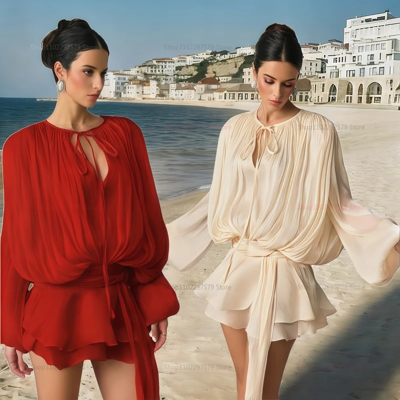 فستان نسائي قصير أنيق ومريح للاستخدام اليومي ومثير من الدانتيل ورقبة على شكل حرف V وأكمام طويلة من الدانتيل والشيفون اللطيف للحفلات