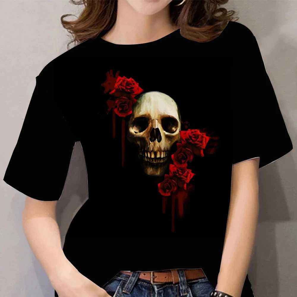 Women\'s Skull 3D Printed Retro T-Shirt Fashion Street Hip Hop Style Crew Neck Top Summer Punk Summer Oversized Short Sleeve T-Sh