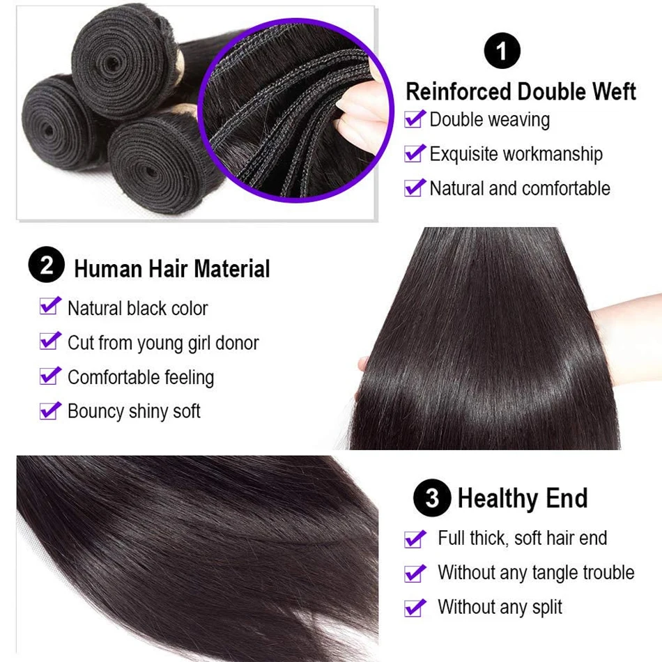 Extensiones de cabello humano liso brasileño, mechones de tejido negro Natural, 3/4 cabello humano Remy, 1/100% unidades