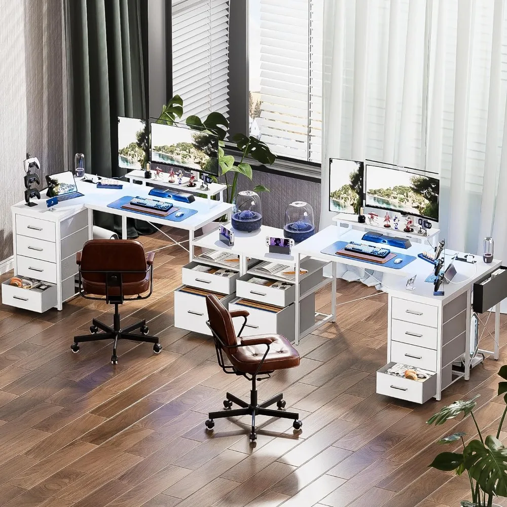 White Computer Desk Table Corner Desk With RGB LED Lights & Power Outlets & Monitor Stand Office Furniture Table for Laptop Bed