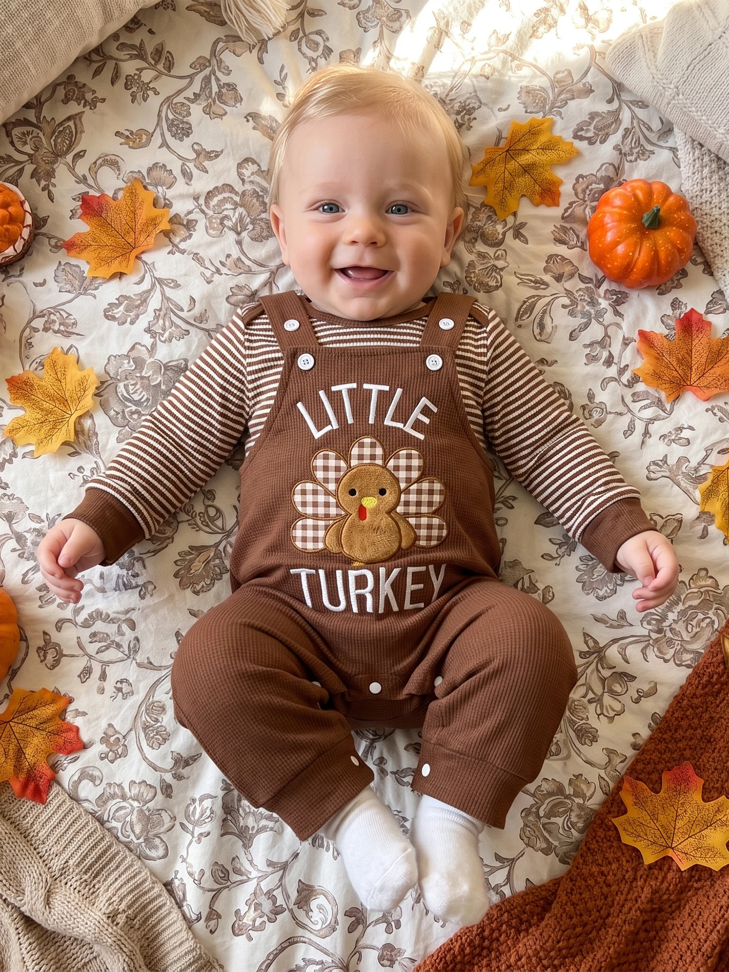 Boy Thanksgiving Turkey Embroidery Overalls Rompers Turkey Thanksgiving Turkey Embroidery Striped Boy Lightweight Boy