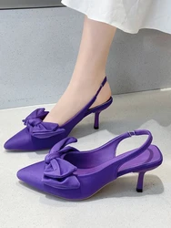 Sandalias cómodas para mujer, zapatos de tacón de aguja con pajarita, color morado, talla grande, color negro