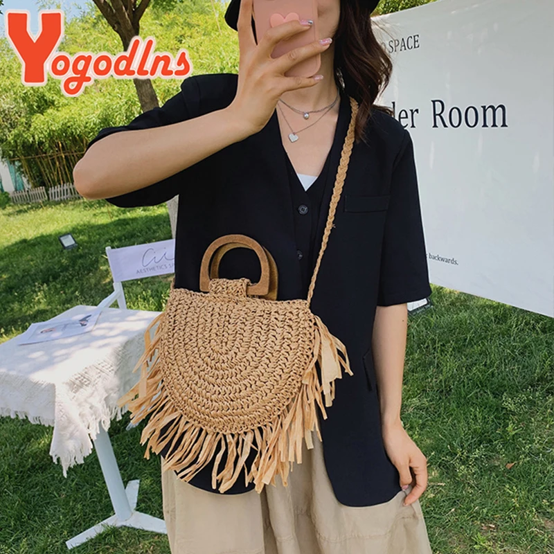 Yogodlns Summer Semicircle Straw Bag Female Tassel Vacation Beach Bag Totes Handmade Woven Girl Shoulder Crossbody Bag Totes