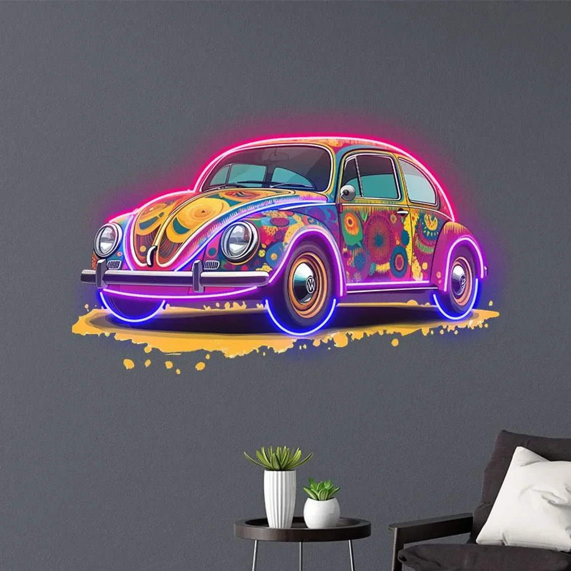 Retro Car UV Printed Neon Sign, Retro Car Home Wall Decor Bedroom Wall Hanging for Car Lovers Car Neon Art Aesthetic Car Gift