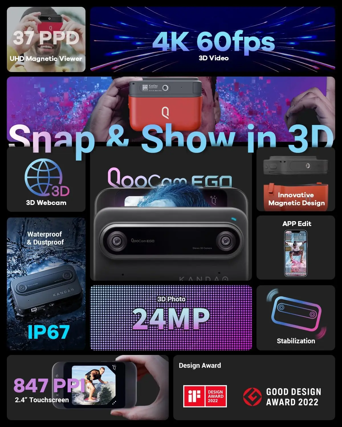 Câmera 3D Kandao QooCam EGO original - compatível com fones de ouvido PICO 4 e Meta Quest 3 VR