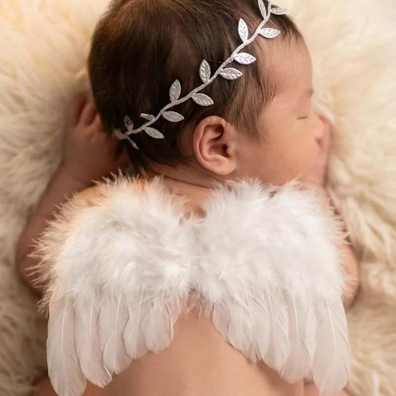 Soft White Feather Newborn Angel Wings Gentle Leaf Headband Set for Infants Comfortable Baby Photography Props