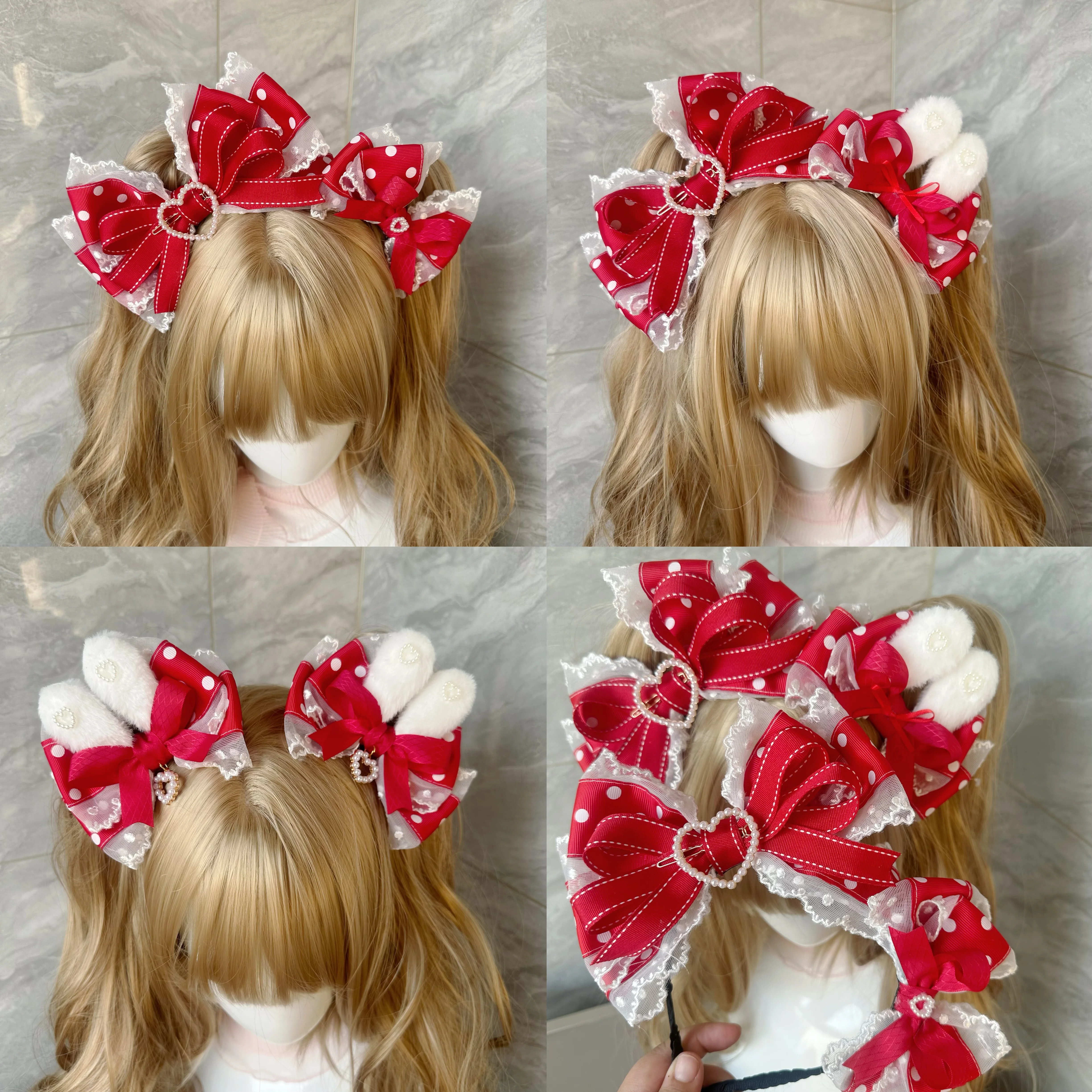 

Japanese Original Handmade Lolita Red Polka Dot Big Bow Kc Polka Dot Rabbit Headband Headgear New Year's Cute Edge Clip Women