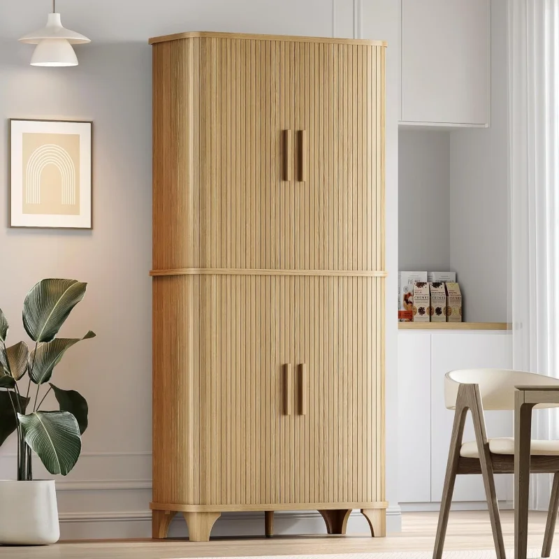 

2026：69 Tall Kitchen Sliding Door, Modern Curved Pantry Storage Cabinet with 5 Shelves,