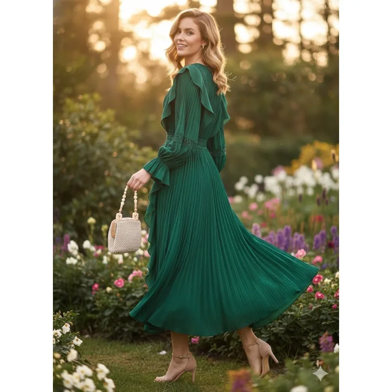 

Плиссированные платья Miyake, большие размеры 2026, весеннее новое платье с v-образным вырезом и рюшами, темпераментная элегантная женская длинная юбка с прессованной морщинистой отделкой