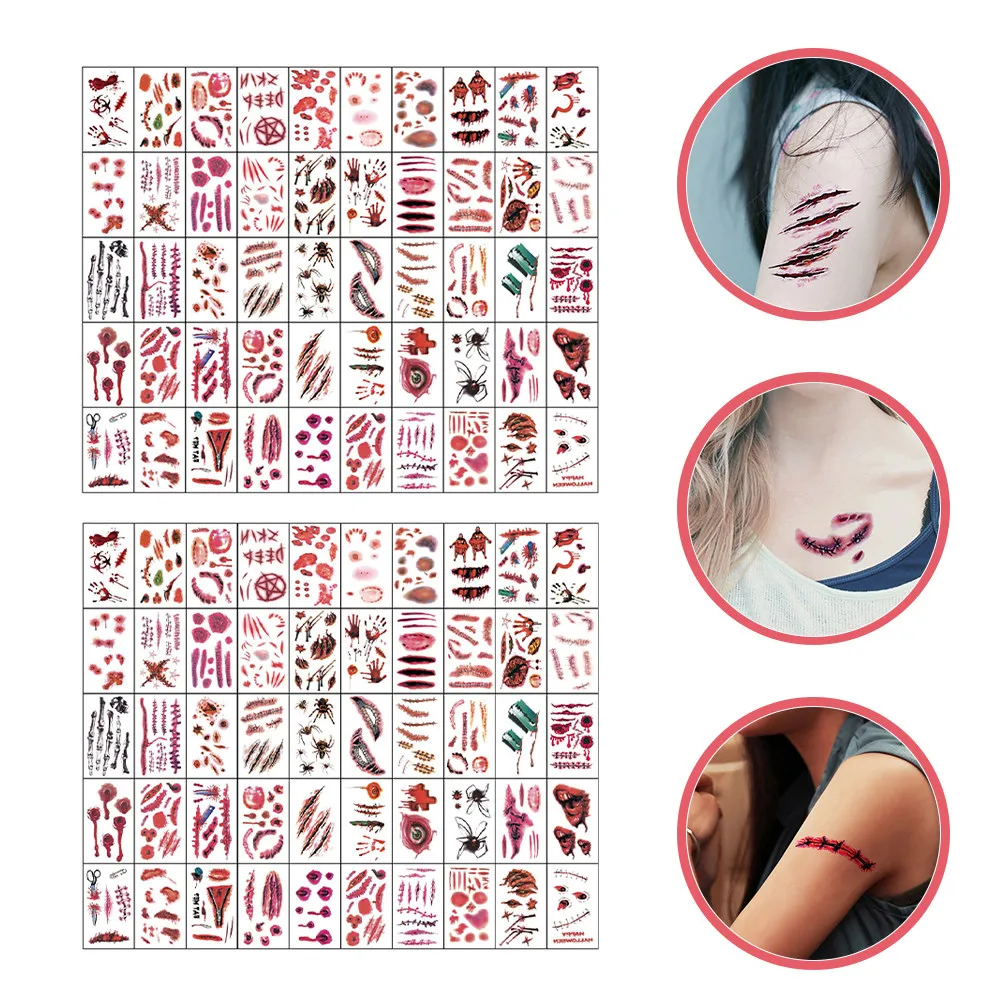 

Temporary Tattoos 2 Sets Scar Stickers Realistic Fake Wound Halloween Body Art Safe Skin Women Men Adult Outing Festival