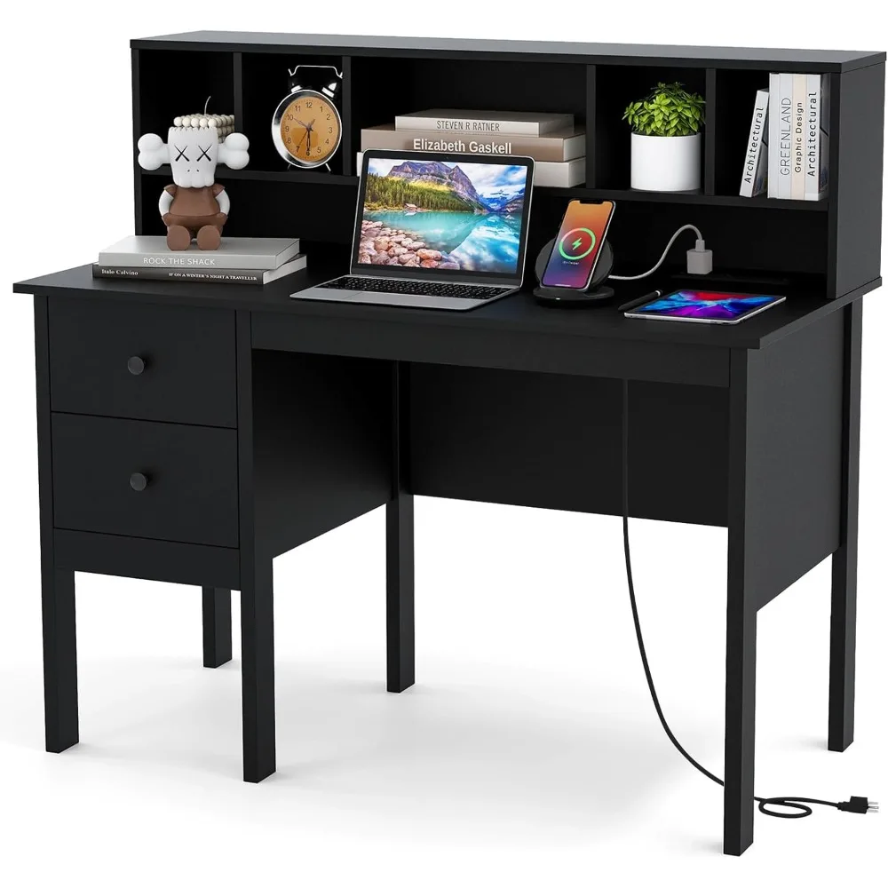 Meja hitam Tangkula dengan laci & Hutch, meja kantor rumah Modern dengan outlet daya, port USB & tipe-c, Meja belajar menulis wit