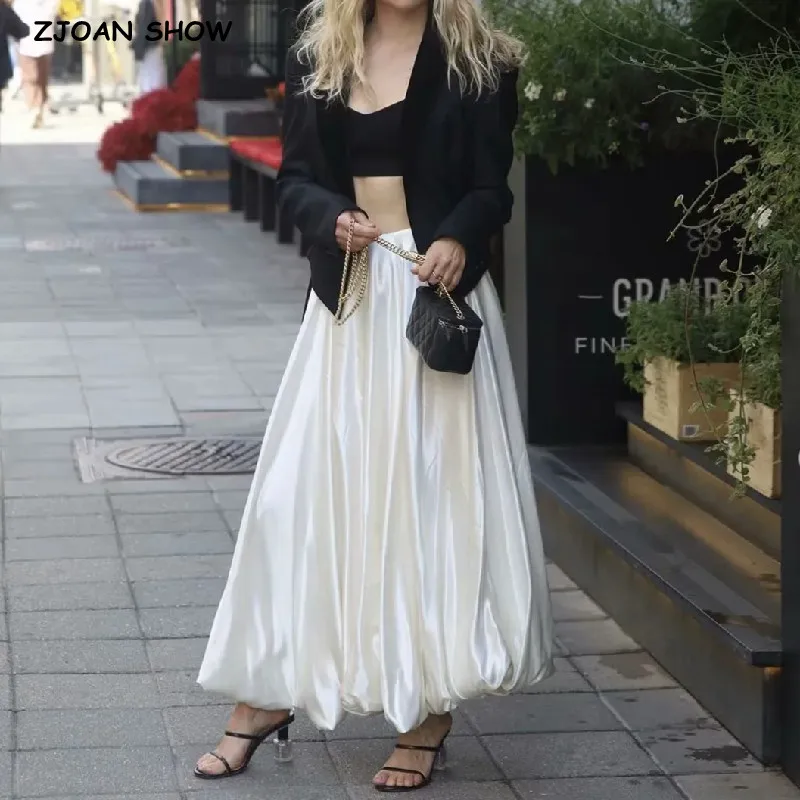 

2024 Spring Retro High Waist Pleated Swing BUD Umbrella Skirt Vintage Women Back Zipper Midi Long Skater Skirts White Black