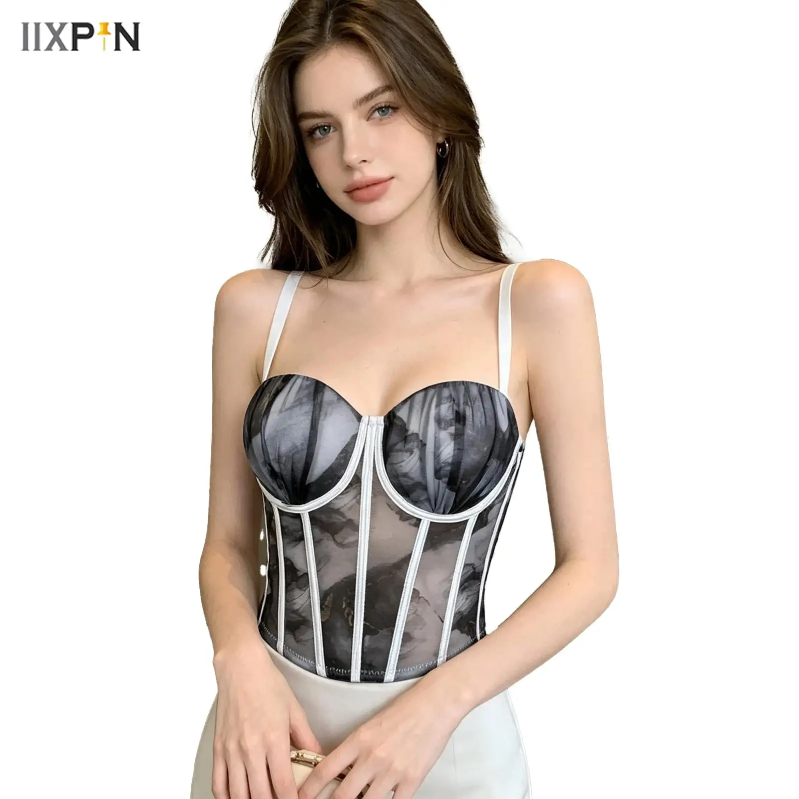 Womens Push Up Corset Top Printed Spaghetti Straps Padded Cups Underwire Adjustable Lightweight Bra for Travel Party Club Beach