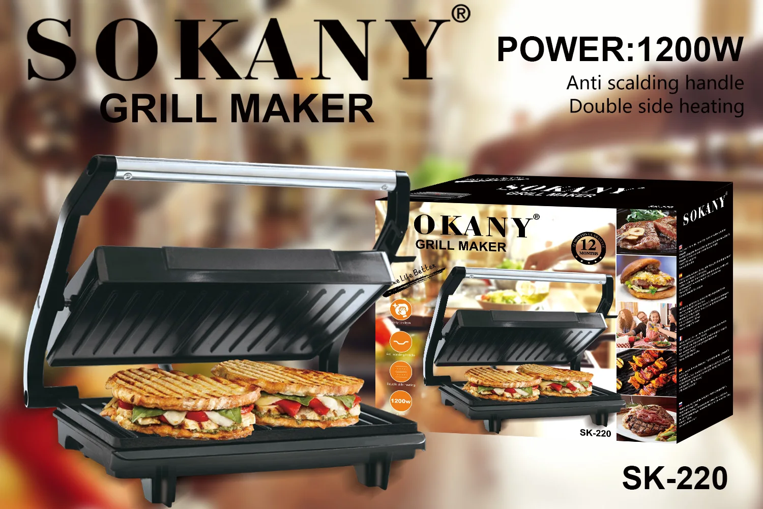 SOKANY Commercial Professional Electric Sandwich Panini Maker Grill Machine Black Gift Box Heating Plate Electric Griddlle(flat)