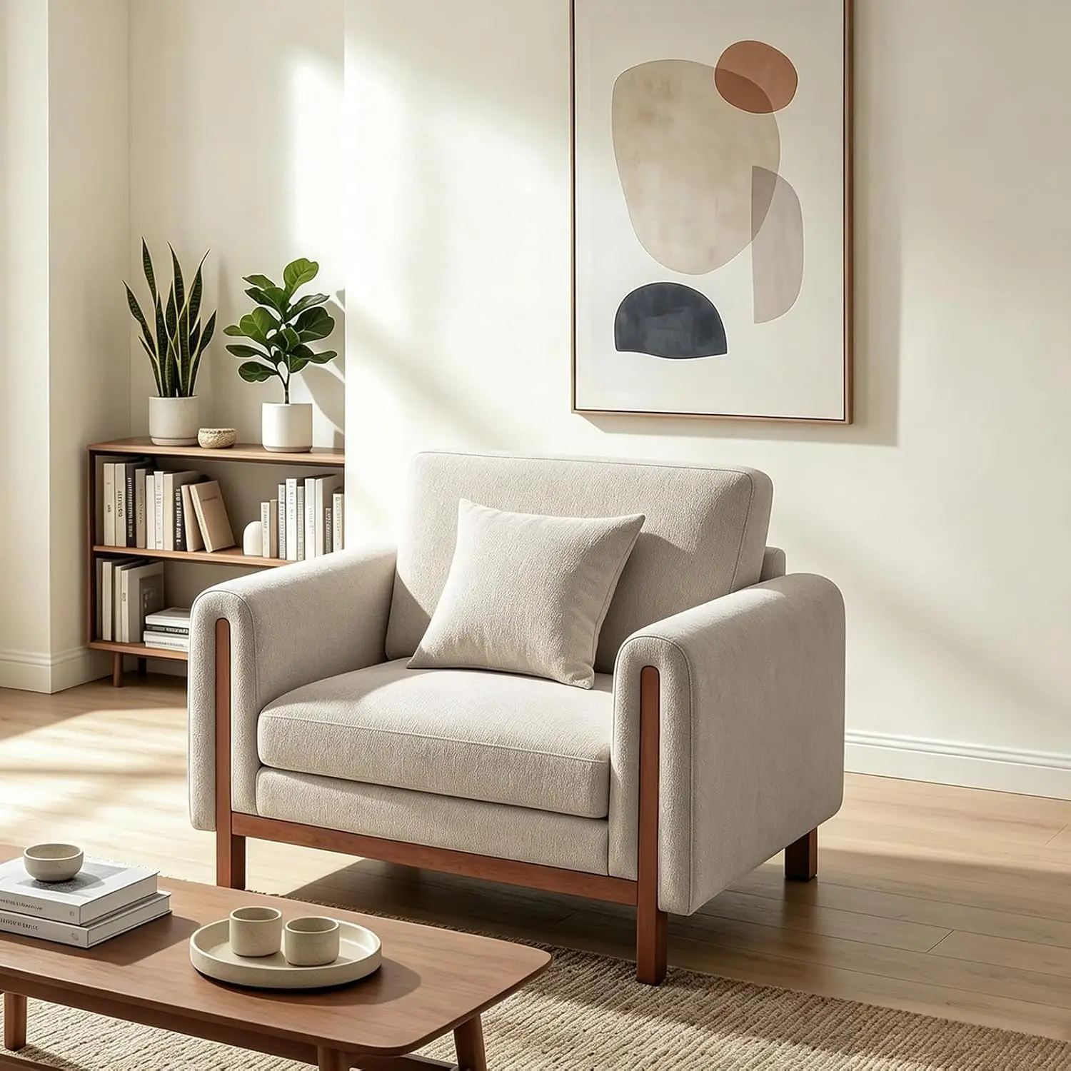 43.7” Mid Century Modern Accent Chair, Handcrafted Cozy Reading Chair with Solid Wood Frame and Chenille, Suitable