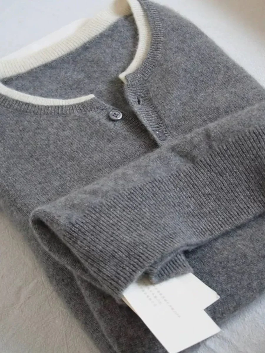 

Chemise à Base en cachemire gris, col rond, coupe cintrée, Design Simple, automne hiver, sensation haut de gamme, vêtements inté