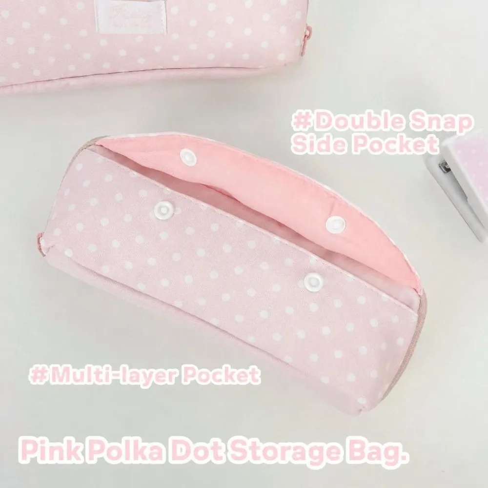 Kawaii Pink Polka Dot Pencil Case Double Snap Button Large Capacity Stationery Pouch Pen Bag Gift