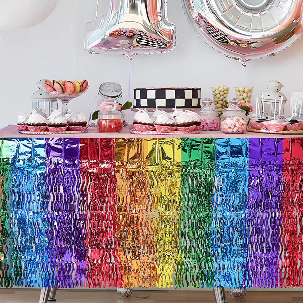 

Colorful Rain Silk Curtain Table Skirt Foil Fringe Cloth Disposables Skirts Plastic Tassel Banquet Boho