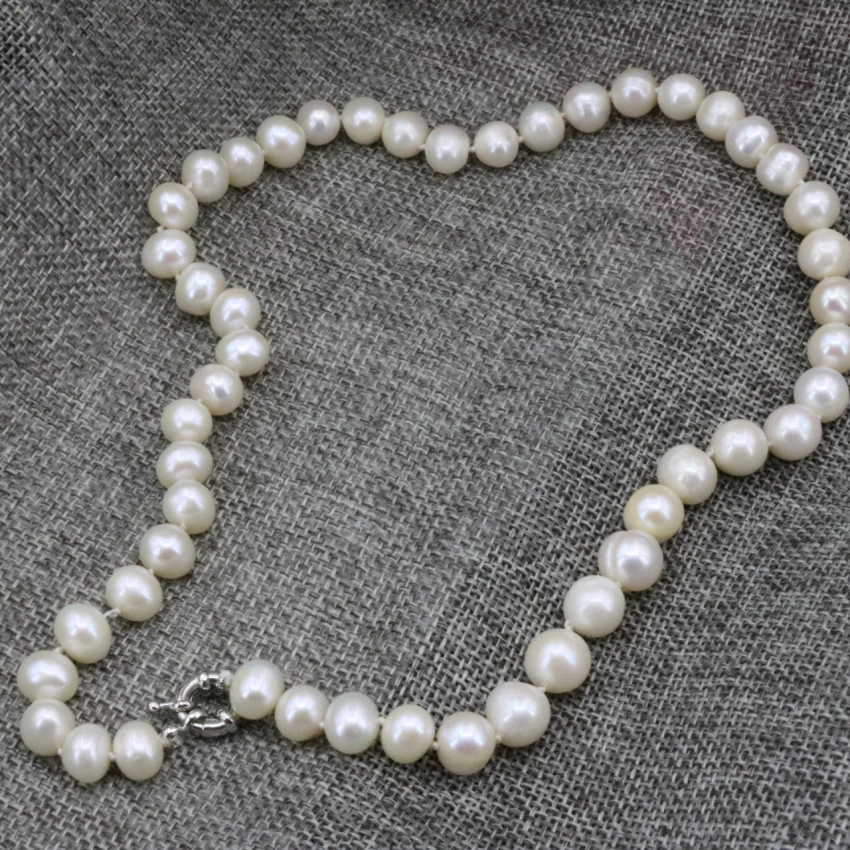 New natural white freshwater cultured pearl 9-10mm nearround beads necklace chain for women elegant choker jewelry 18inch B3236