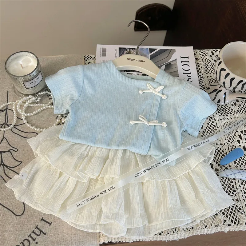 Korean Childrens Clothing 2024 New Summer Girls Solid Color T-shirt White Cake Skirt Pants Two-piece Set