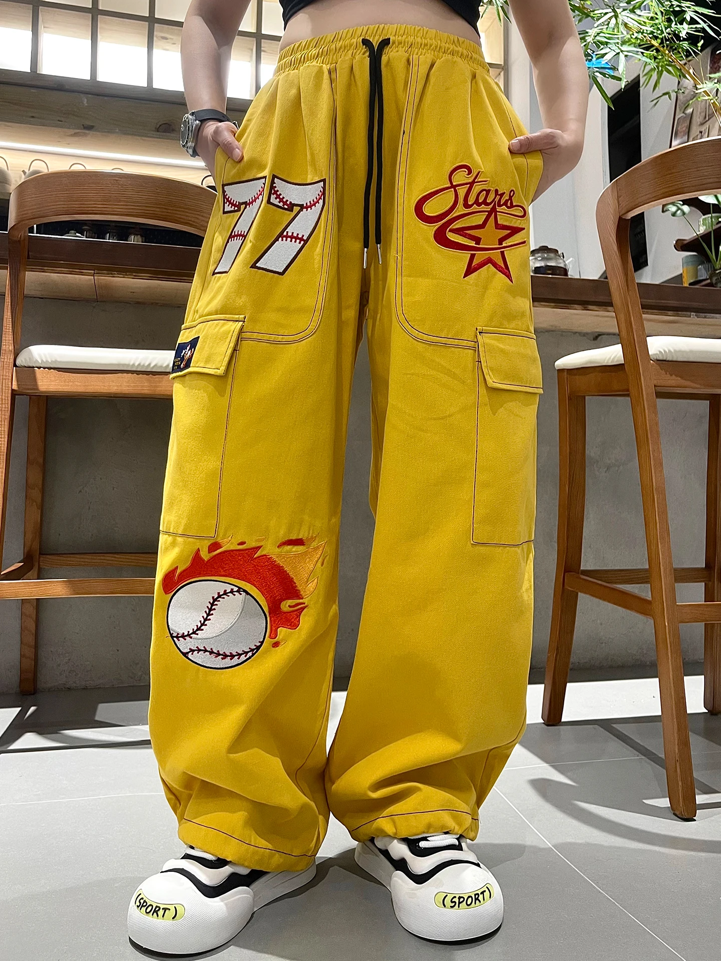 

American Street Sle Fire Baseball Embroidery Hiphop Work Pants Loose Wide Leg Long Trousers for Men And Women Casual Cool