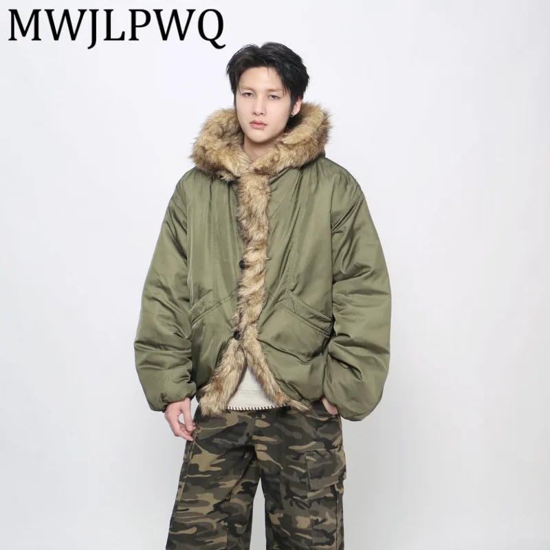 

MWJLPWQ American Style High-End Fur Collar Hooded Cotton Coat For Men Winter Thick Streetwear Long Sleeve Loose Lazy Tops 21698