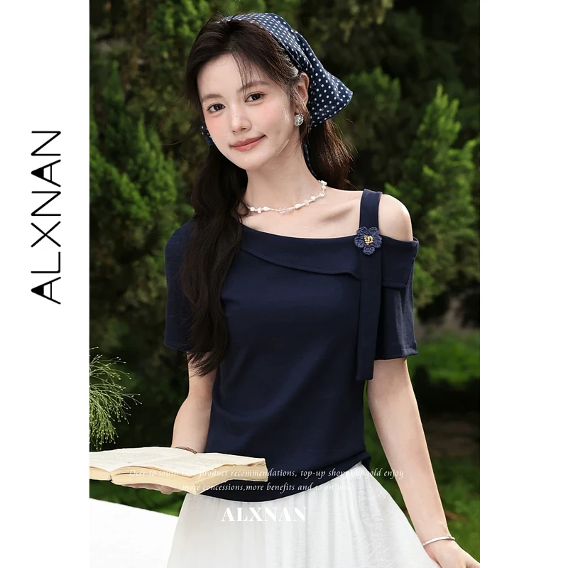 

ALXNAN Blue T-shirts Summer Off Shoulder Short Sleeve T-shirt Women Casual Elegant Holiday Fashion Slim-fit Female Tops L65103