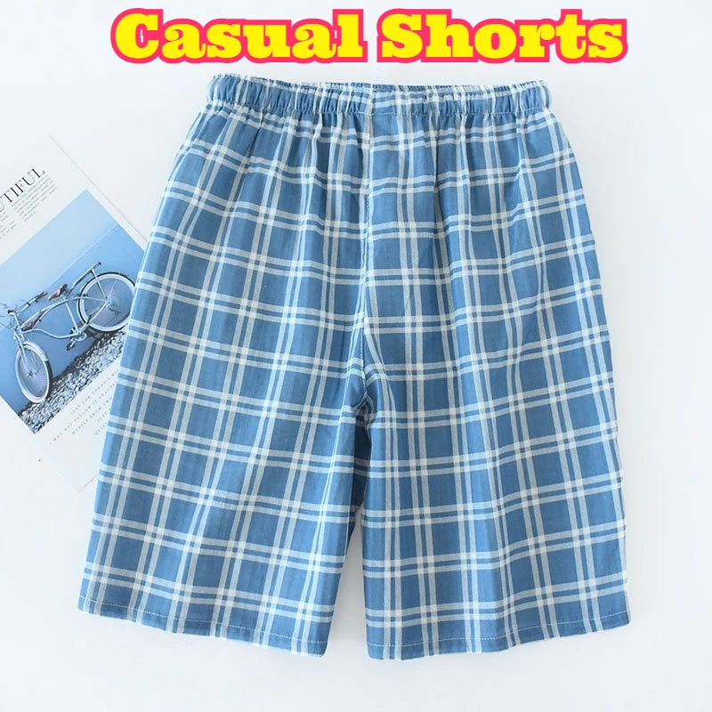 Men Plaid Cotton Gauze Shorts Double Layer Knee Length Summer Thin Loose Plus Size Loungewear Casual Sleep Pants Soft Breathable