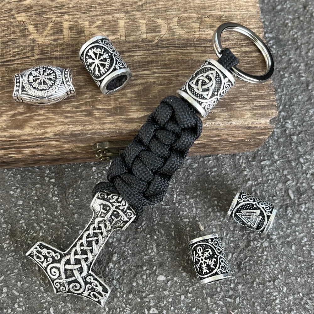 

Nostalgia 1Pcs Norse God Odin Wolf Thor Hammer Key Chain Metal Spacer Viking Bead Diy Handcrafted Paracord Keyring