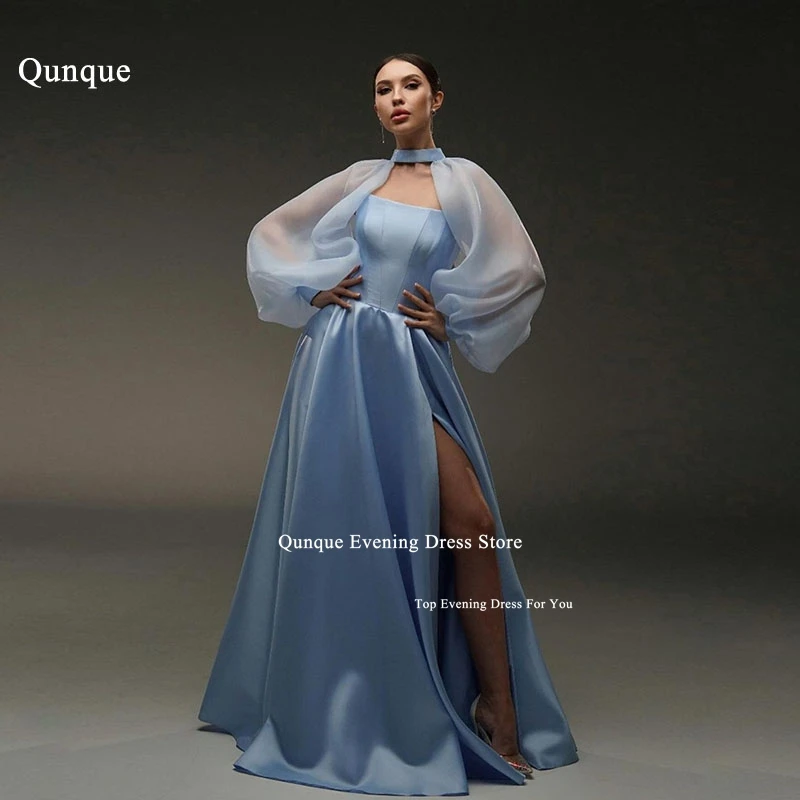 Qunque Customized Dirty Blue Evening Dress With Detachable Organza Puff Sleeves Robe De Soirée Gorgeous Cocktail Party Gowns