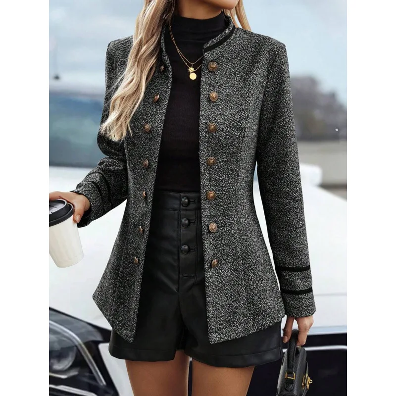 2026 New Women's Long Sleeve Double Buttoned Contrast Color Edge Regular Style Thickened Polyvinyl Fiber Coat for plus Size