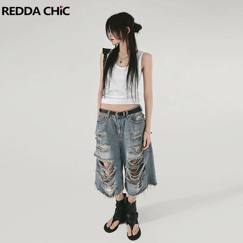 

REDDACHiC Denim Blue Damage Bermuda Pants Women Shorts Low Rise Casual Wide Leg Destoyed Baggy Jeans Jorts Hiphop Y2k Streetwear