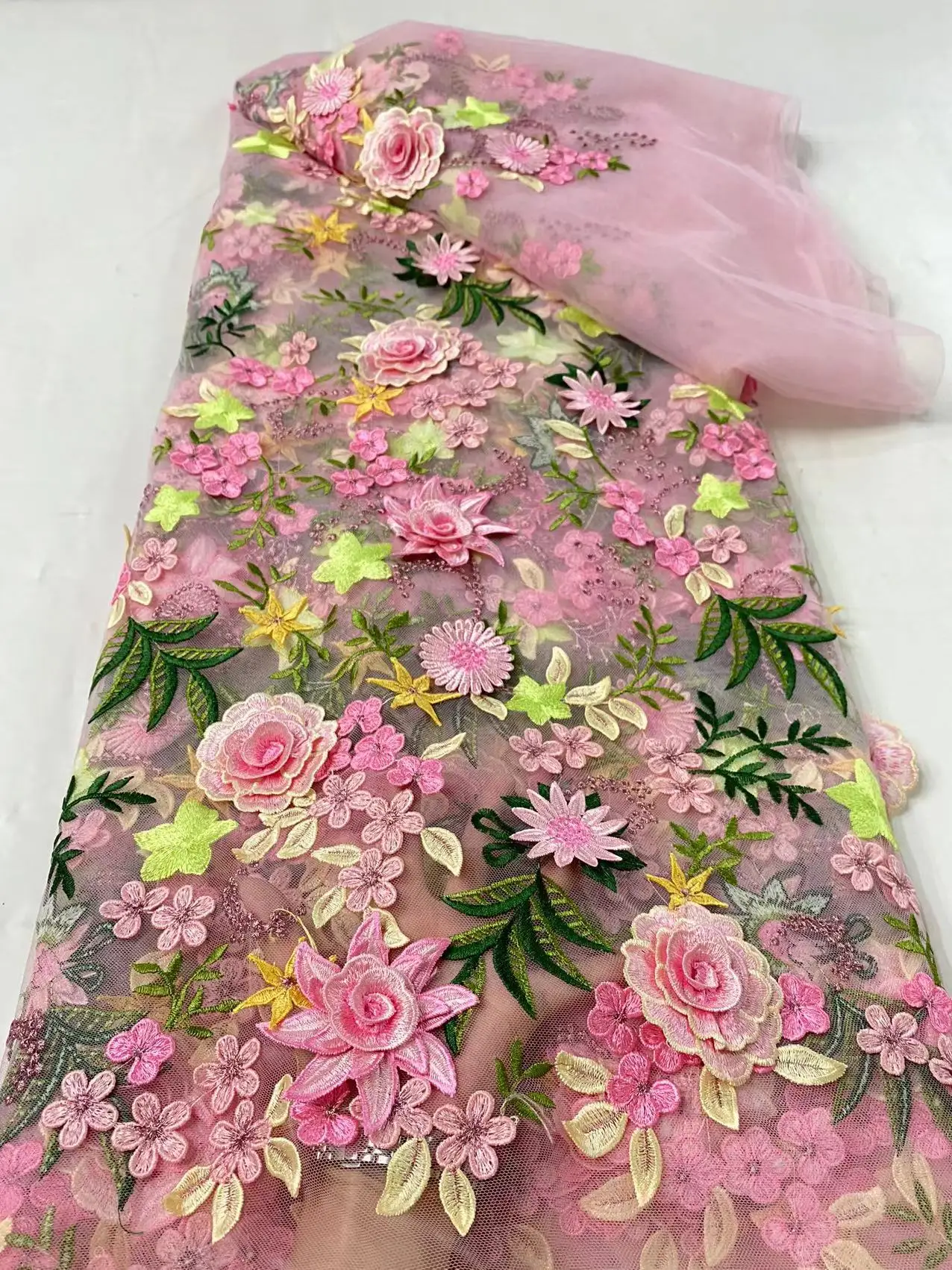 Latest African 2025 High Quality Mesh Embroidery Applique 3D Flower Tulle Nigerian Lace Fabrics for Bridal Material Sewing D6214